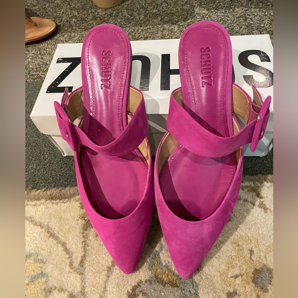 Schutz Fuchsia Suede Buckle Flats - Size 8